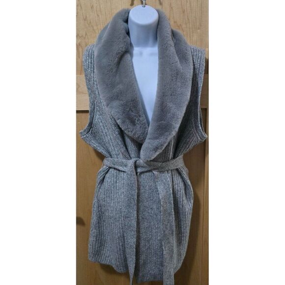 Faux Fur Collar Gray Belted Sweater Vest By WHBM Sz XL Ribbed Knit Cozy Elegant - Picture 1 of 12